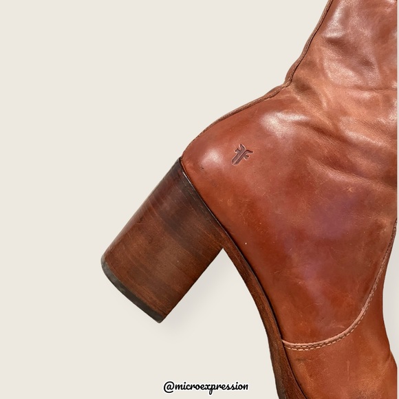 $389 Frye Joan Campus Cognac Brown Side Zip Leather Block Heel Cute Ankle Bootie - Picture 11 of 14
